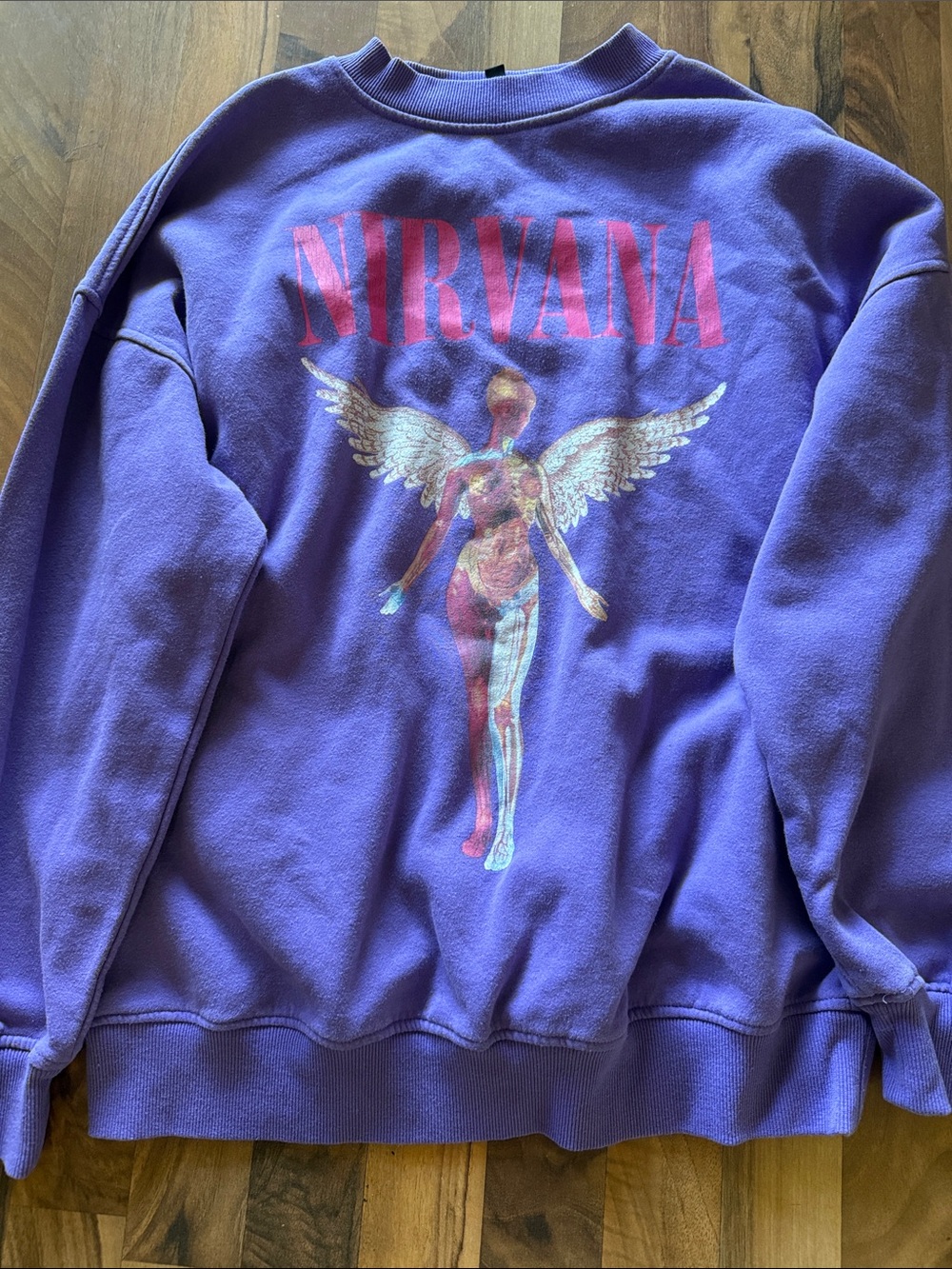 Divided Purple Crewneck Sweatshirt with Pink Nirvana Graphic